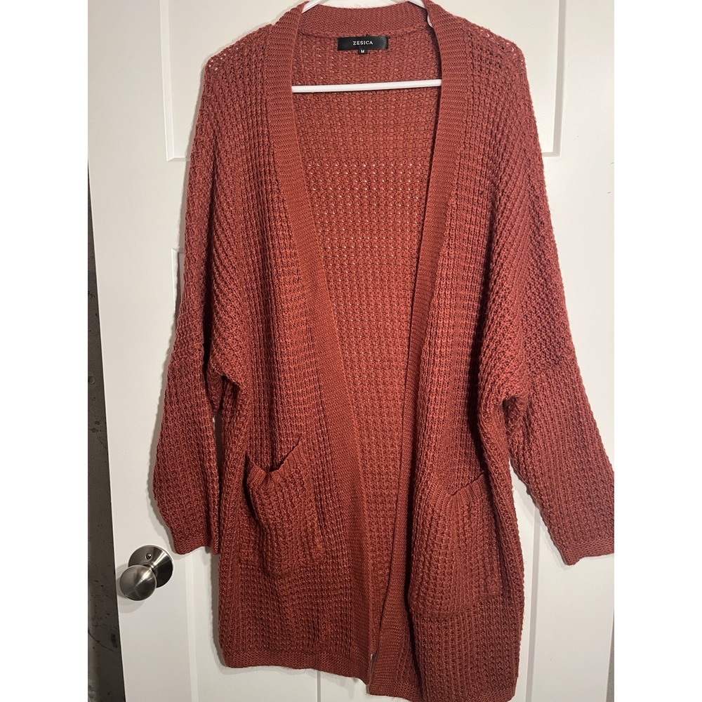 ZESICA Chunky Knit Cardigan Sweater Womens Medium M Rust Orange Open Front